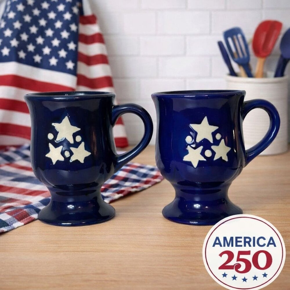 America 250 Footed Coffee Mugs Set of 2 Pottery Cobalt Blue Glaze Americana Star